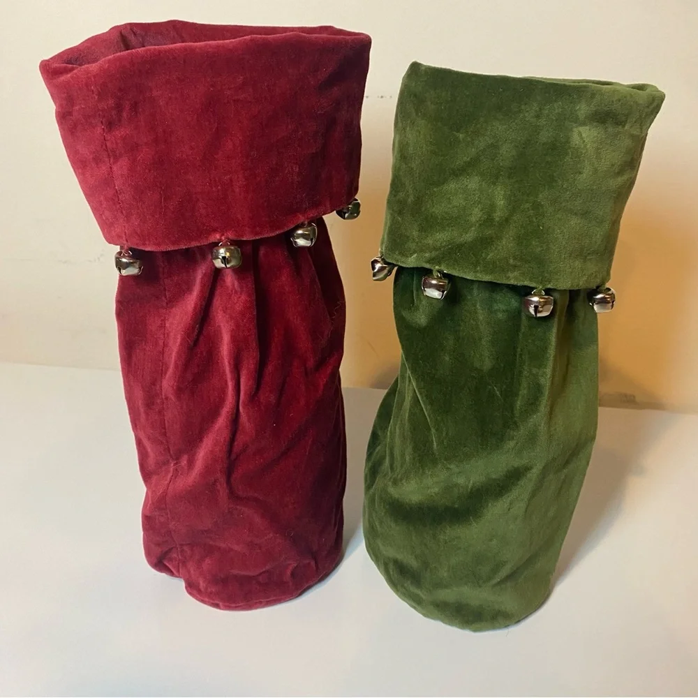 Pottery Barn Christmas Velvet Wine Bags Lot of 2 Red Green Jingle Bells Holiday